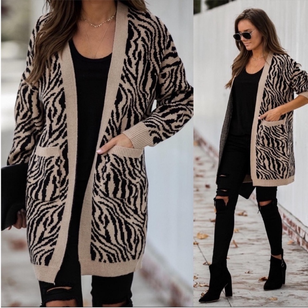 Vici Zebra Animal Print Long Open Cardigan Duster In Black and Tan Size XS